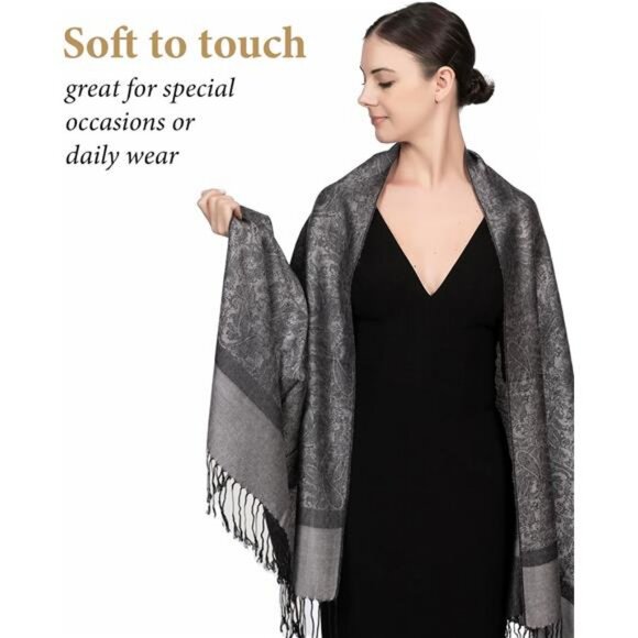 Two-Tone  Paisley Pashmina Scarf – Lightweight Grey - Picture 2 of 6